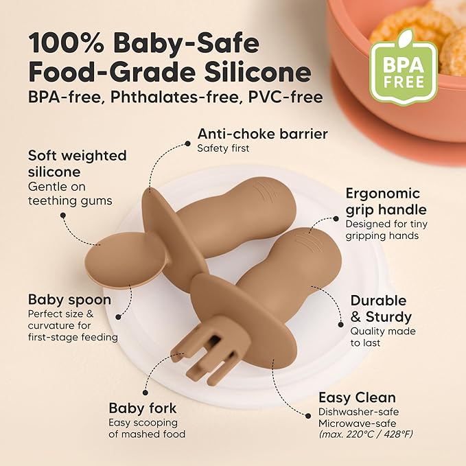 KeaBabies 4-Pack Silicone Baby Spoons and Forks Set - Baby Spoon Self Feeding, BLW Baby Utensils 6-12 Months, Baby Led Weaning Feeding Spoon,Teething Infant Baby First Food Training Pre Spoon (Desert)