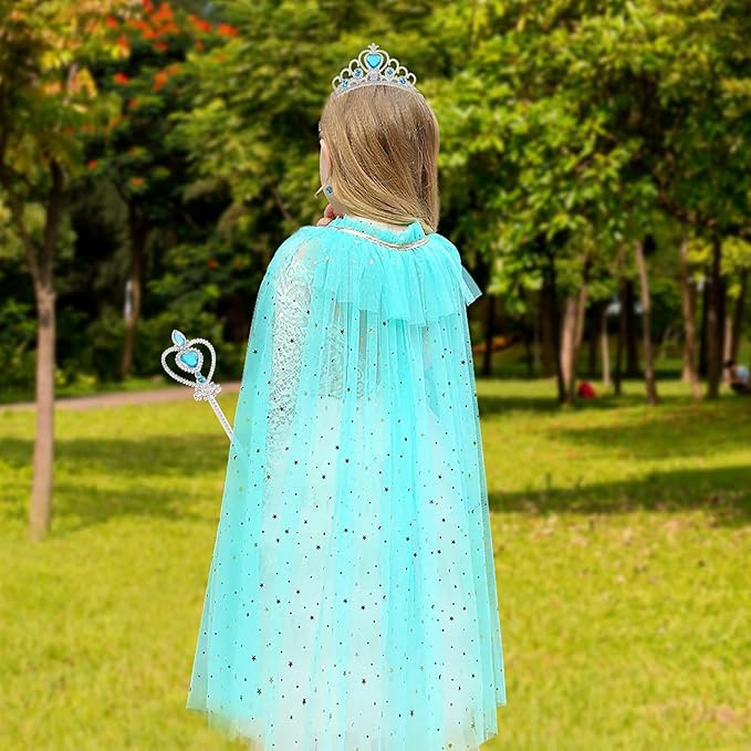 Princess Cape Set Dress Up Accessories Party Cosplay Cloak Costumes with Tiara Crown Wand Wig Golves for Little Girls