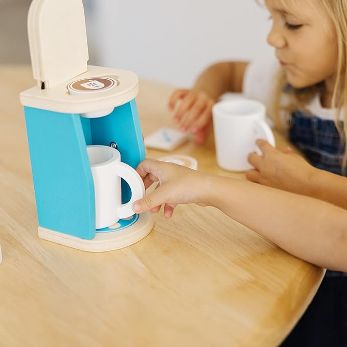 Melissa & Doug 11-Piece Brew and Serve Wooden Coffee Maker Set - Play Kitchen Accessories Pretend Play Kitchen Accessories Kids Coffee Maker Set For Girls And Boys