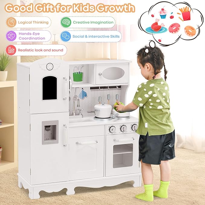 Fireflowery Kids Kitchen Playset, Toddler Kitchen w/Simulated Sound, Accessory Utensils, Blackboard, Sink, Stovetop, Cabinets, Pretend Play Kitchen, Gift for Ages 3+ (Classic)