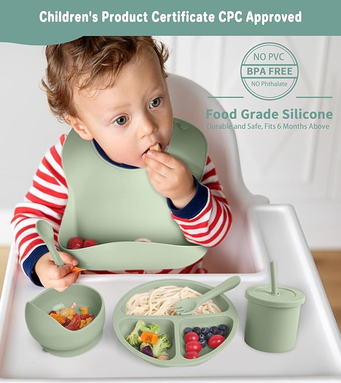 Silicone Baby Feeding Set, 10 Pcs Baby Led Weaning Supplies with Suction Bowl Divided Plate Adjustable Bib Soft Spoon Fork Snack Cup with Lid Drinking Cup, Utensil (Dark Green)