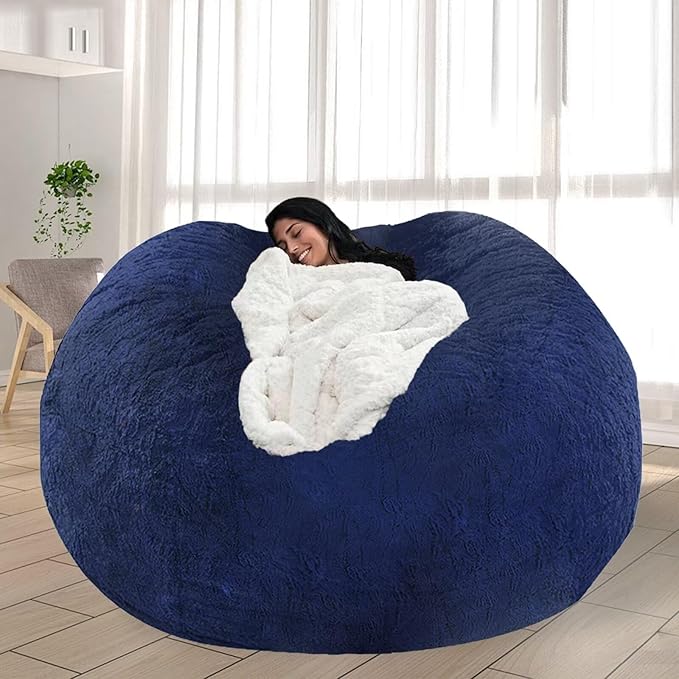 Bean Bag Cover for Kids Adults No Filler Soft Oversized Round Beanbag Chair Lazy Sofa Cover for Reading Chair Floor Chair, 6FT, Blue