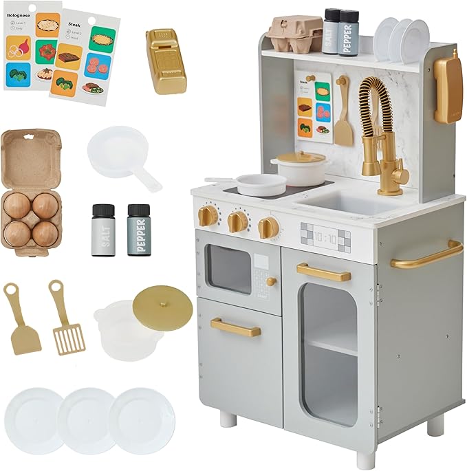 Teamson Kids Little Chef Memphis Small Wooden Play Kitchen with Interactive, Realistic Features, and 16 Kitchen Accessories - for 3yrs and up, Pretend Play House, Restaurant - Gray/Gold/Faux Marble