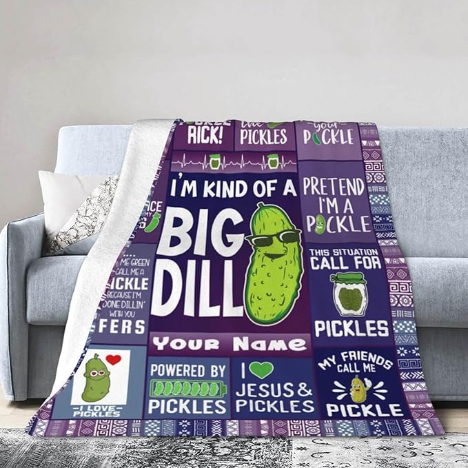 Custom Pickle Blanket with Name for Women Men, Personalized Cute Pickle Themed Design Printed Throw Blankets for Teens Adults Couch Bed, Giftable Blanket, 60"x 80"