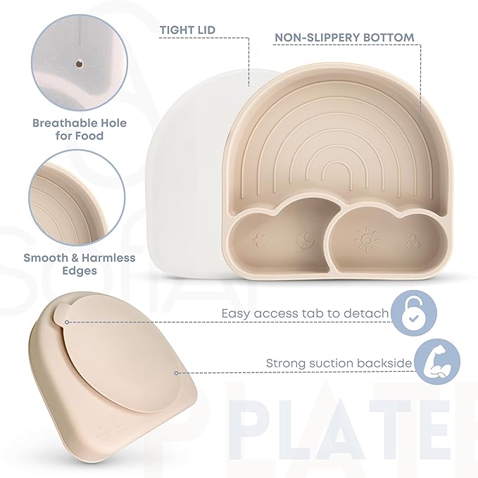 All In One Silicone Baby Feeding Set By SofiAl - Safe for 6-12 Months - Non-Toxic Baby Led Weaning Supplies - Toddler Self Feeding Utensils - BPA-Free - Mess Free Baby Feeding Essentials
