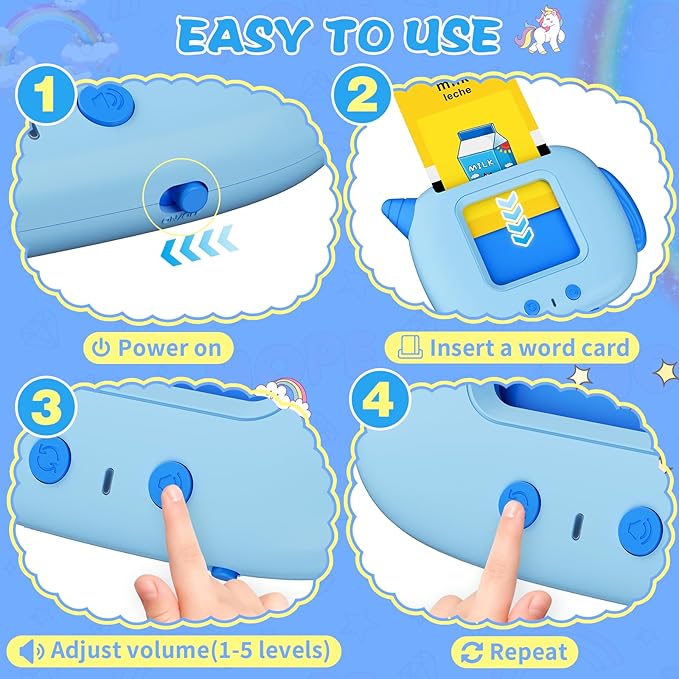 Spanish Talking Flash Cards Toddlers Toys: Bilingual Learning Toys for Kids 2-3, Español Speech Therapy Pocket Speech Toy for Age 2-6, Autism Educational Montessori Toy with 385 Sight Words, Blue