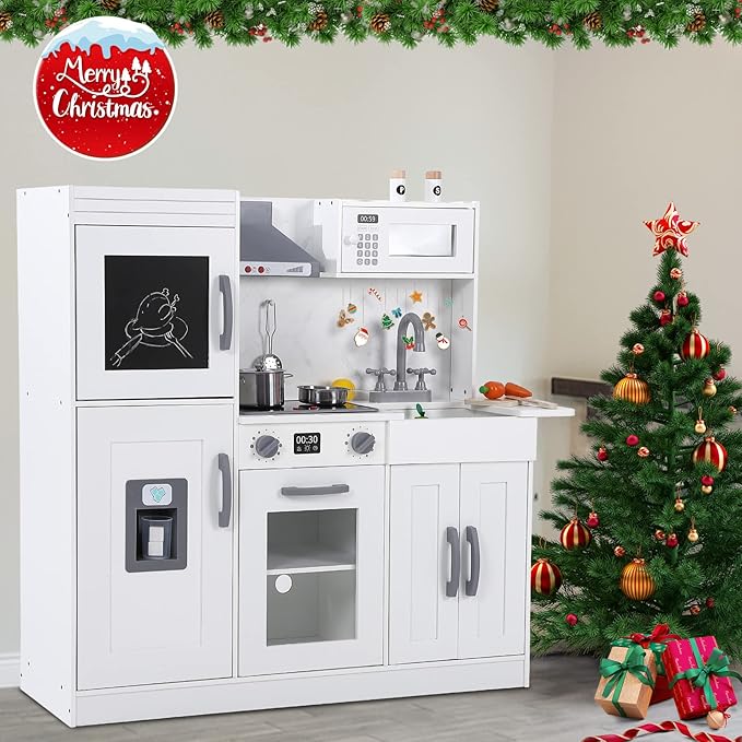 Kids Kitchen Playset, Wooden Chef Pretend Play Set with 20 PCS Cookware Accessories, Wooden Cookware Pretend with Ice Maker, Microwave, Oven, Range Hood, Sink, Real Lights & Sounds，White