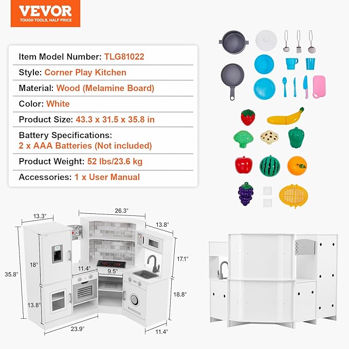 VEVOR Corner Wooden Play Kitchen, Toy Set with Lights and Sounds, Toddler Kitchen with Ice Maker, Oven, Sink, Clock, Microwaves, Refrigerator and Accessories, for Toddlers, Preschoolers, White