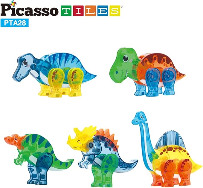 PicassoTiles Magnet Tile Dinosaur Action Figure Playset Mix or Match Compatible Prehistoric Parts STEM Magnetic Tiles for Creative Building Imaginative Educational Pretend Play Toddlers Ages 3+ PTA28