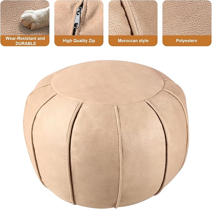 Louis Donné Pouf Ottoman Cover, Unstuffed Round Ottoman for Storage Solution, Supersoft Handmade Moroccan Decor Foot Rest, Footstool, Pouffe Seat for Balcony, Faux Leather Floor Chair, ONLY Cover
