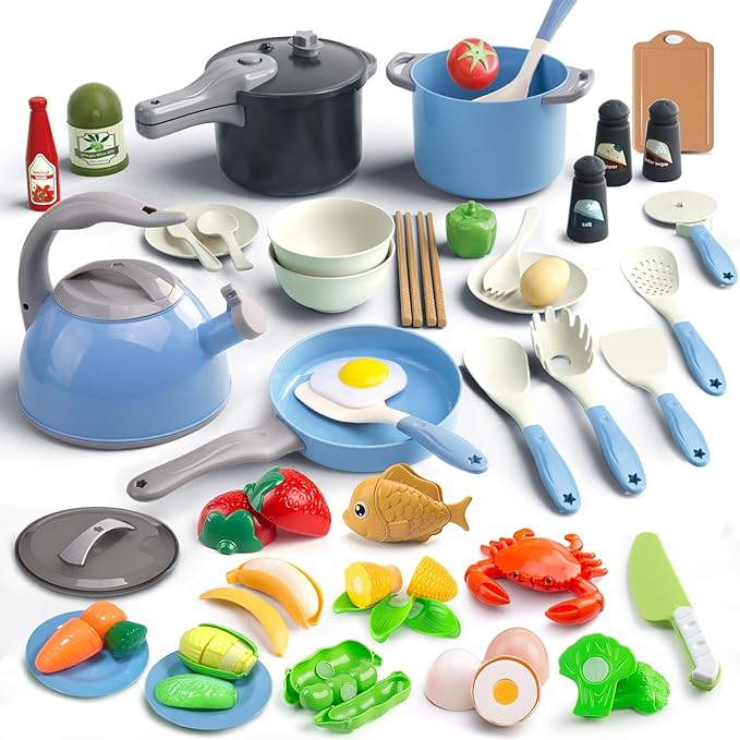 Bruvoalon 67Pcs Kids Play Kitchen Toys Set, Toddlers Pretend Cooking Playset Acccessories with Pots Pans, Utensils Cookware, Foods, Canned Veges, Learning Gift for Kids Girls Boys (Blue)