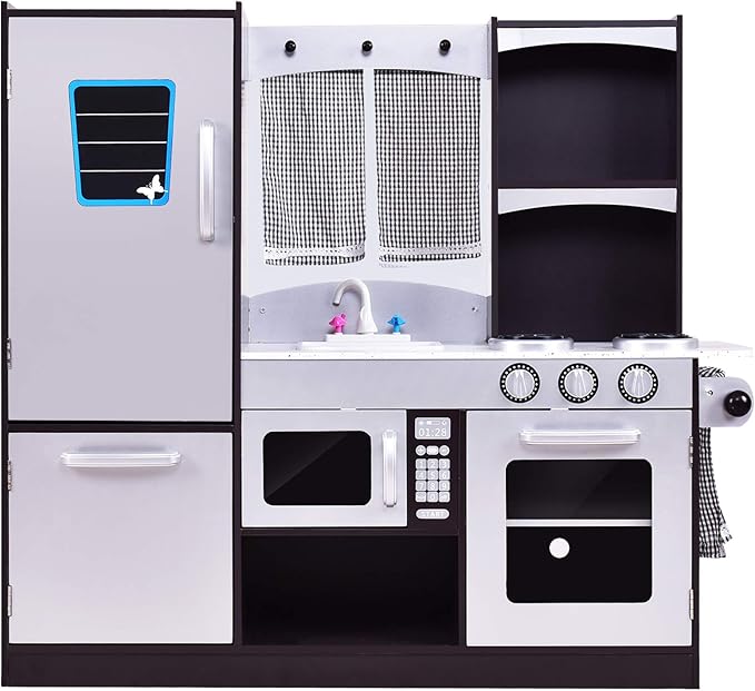 ARLIME Kids Kitchen Playset, Wooden Toy Toddler Kitchen w/Sink, Stovetop, Microwave, Refrigerator, Large Cabinets, Pretend Play Kitchen for Boys Girls