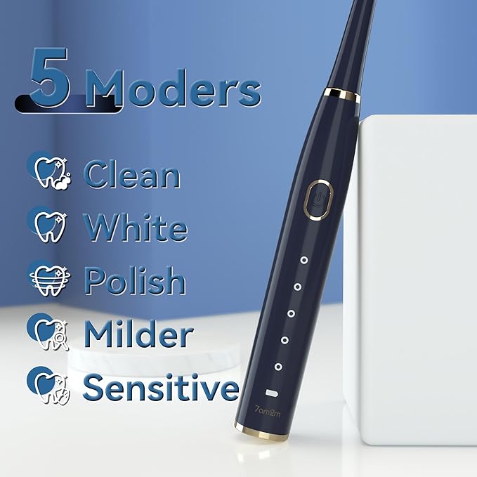 7AM2M Sonic Electric Toothbrush for Adults and Kids- High Power Rechargeable Toothbrushes with 8 Brush Heads,5 Adjustable Modes, Built-in 2-Minute Smart Timer,4 Hours Fast Charge for 30 Days(Navy)
