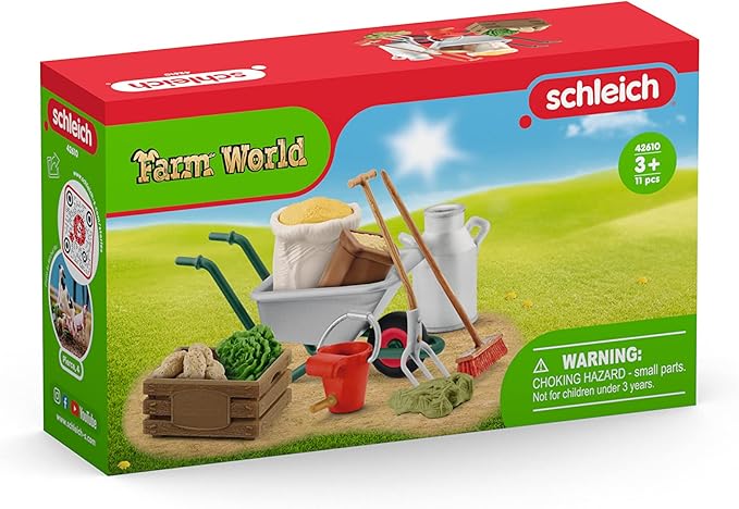 Schleich Farm World Stable Care Accessory Set for Horse and Farm Animal Figurines - 11pc Educational Farm Playset with Wheelbarrow, Pitchfork, and More, Toy for Boys and Girls, Gift for Kids Ages 3+