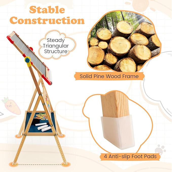 HONEY JOY Easel for Kids, Rotatable Double-Sided Wooden Toddler Easel w/Magnetic Chalkboard & White Board, Paper Roll, Painting Accessories, Dry Erase Board, Art Easel for Boys Girls