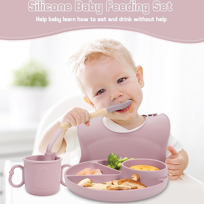 Silicone Baby Feeding Set, Baby Led Weaning Supplies, Silicone Suction Plate, Bowl, Spoons, Fork, Waterproof Bib, Cup and Food Tableware, Eating Utensils Baby Feeding Essentials for 3+ Months
