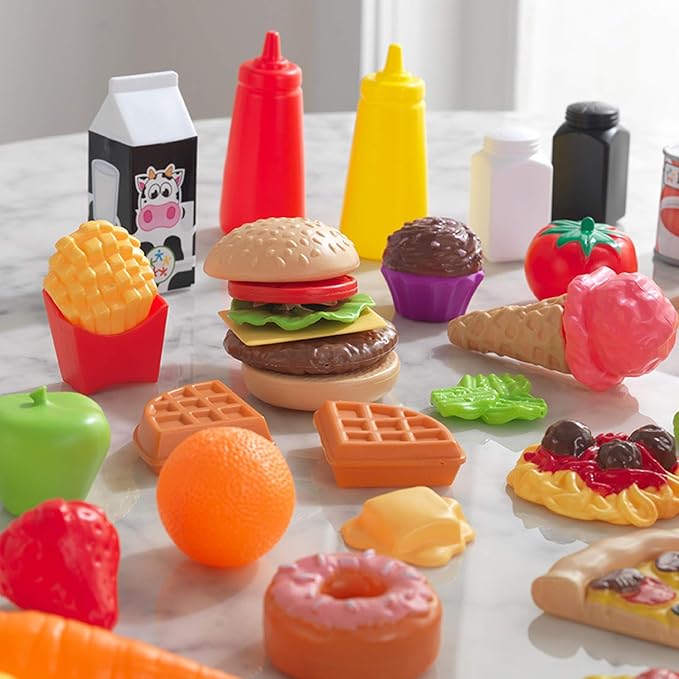 KidKraft 65-Piece Plastic Play Food Set for Play Kitchens, Fruits, Veggies, Sweets, Drinks and More, Gift for Ages 3+
