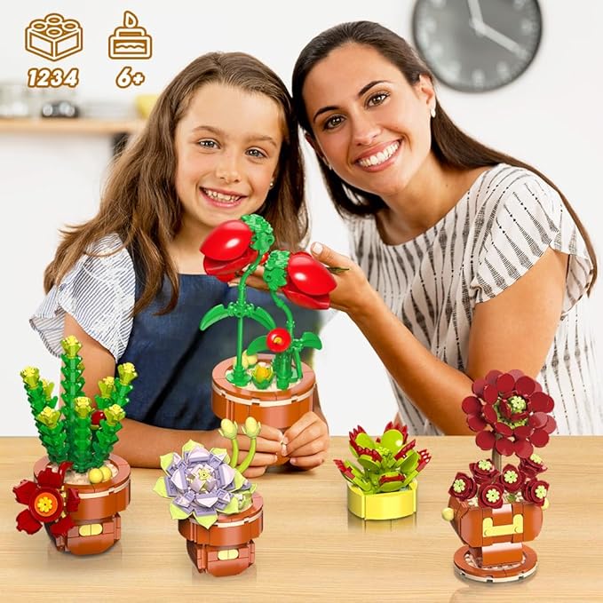 Succulent Flowers Bonsai Building Sets, 8 Packs Botanical Collection Building Block Kit for Home Decor, 1234 PCS Plant Building Toy Gifts for Adults Kids Girls Boys Ages 6 7 8 9 10 11 12+