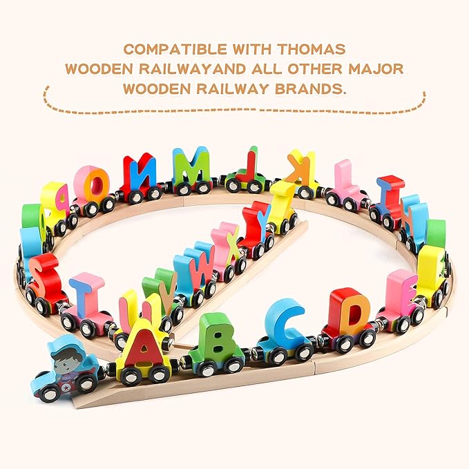 Wondertoys Wooden Alphabet Train Toy 27 PCS Magnetic Alphabet ABC Letter Train Set Includes 42 PCS Flash Cards, 1 Engine and 1 Storage Box for Toddlers Kids Boys and Girls