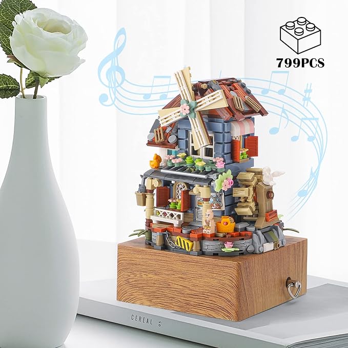 Windmill Building Toy Windmill House Music Box Building Blocks Set Flowers Windmill House for Best Gift Adults and Kids Anniversary Birthday