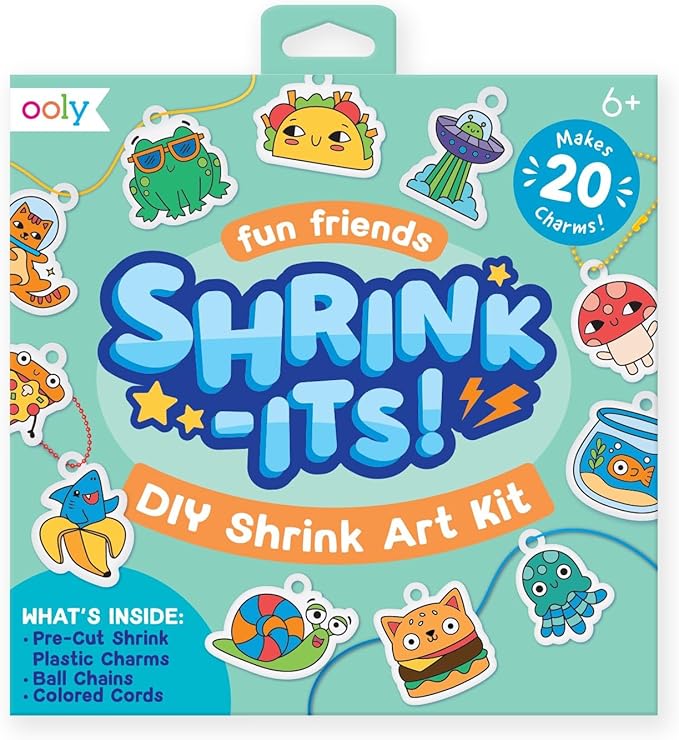 Ooly Shrink-Its 28 PC DIY Shrinking Art Kit That Creates Charms and Tags, Includes 20 Plastic Pre Cut Charms and More, No Mess Art for Kids, DIY Creative Activity, Ideal Party Favor - Fun Friends