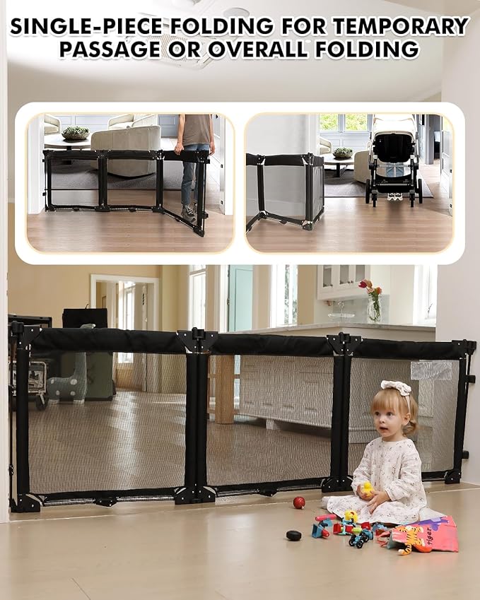 Dearlomum Extra Wide Baby Gate Playpen with Heat-Resistant Mesh,3 Panel Foldable Baby Fence,Indoor/Outdoor Safety Barrier,Dog Playpen &Fireplace Baby Gate
