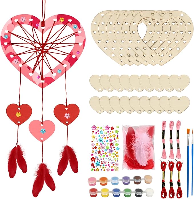 Fennoral 6 Pack Heart Dream Catcher Craft Kit for Kids Paint You Own Love Heart Dream Catcher DIY Coloring Mother's Day Wooden Art and Craft for Art Activity Project Valentine's Day Decoration