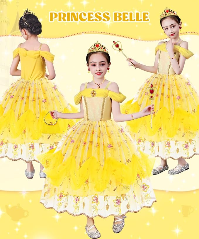 Princess Dress Up Clothes for Little Girls, Belle Costume Dress with Accessories for Birthday Party Cosplay Halloween