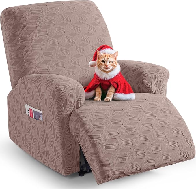 TAOCOCO Recliner Cover 3 Pieces Recliner Chair Covers, Stretch Jacquard Reclining Chair Cover, Furniture Protector Sofa Slipcovers Couch Covers with Elastic Bottom for Kids, Pets (Khaki)