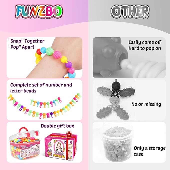 FUNZBO 650pcs Pop Beads - Jewelry Making Kit for 3 4 5 6 7 8 Year Old Little Girls, Arts and Crafts Toys for Kids, Necklace Bracelet Ring Creativity Snap Set Birthday Holiday Easter Gifts