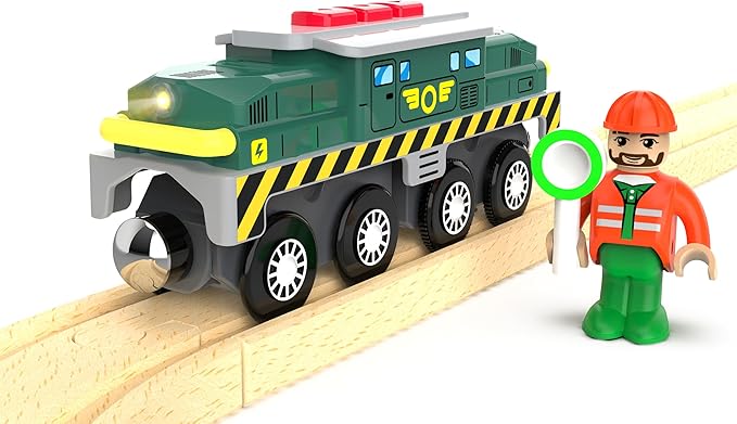 Train Toys for Wooden Train Tracks, Green Tank Battery Operated Locomotive with Magnetic Trains, Motorized Train Compatible with Thomas & Friends, Brio, Chuggington, Electric Train Sets for Kids