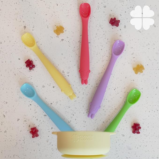 Silicone Baby Feeding Spoons-First Stage, Bendable Utensils for Infant & Parent-Baby Led Weaning, Toddler Self-Feeding & Training-Soft-Tip, Chewproof Teether l 4 Months + [5 Pack with a Portable Case]