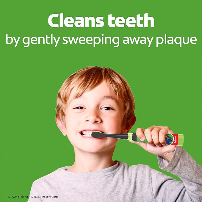 Colgate Kids Battery Powered Minecraft Toothbrush, Extra Soft Kids Battery Toothbrush with 1 AA Battery Included, Made for Ages 3 and Up, Features Easy On and Off Switch, Flat Lay Handle, 1 Count