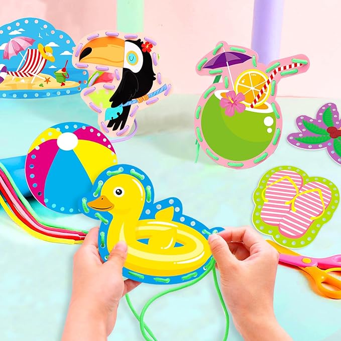 Summer Lacing Cards Sewing Cards 12 Pack Beach Theme Pool Party Decoration Double Sided Cardboard Lacing Playing Games for Kids Toddler Preschool Home Developing Imagination Education Supplies