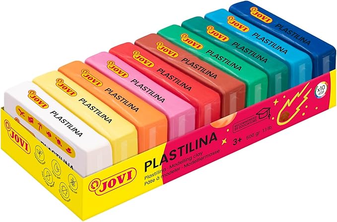 Jovi - Non Drying Modeling Clay, Endlessly Reusable Plasticine, Set of 10 Bars, Each 1.75oz, Non-Toxic and Gluten-Free, for Arts and Crafts Projects