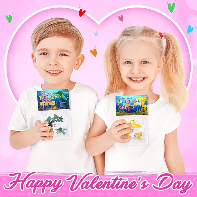 Valentines Day Gifts for Kids, 24 Pack Valentines Day Cards for Kids Classroom School with Sea Animal Building Block Set, Kids Party Favors Goodie Bags Bulk Classmate Boys Girls Exchange Gifts