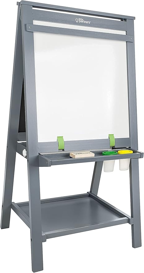 Little Partners Folding EZ Painting Easel for Kids, Dual-Sided Art Easel for Kids Art Station, Folds Flat with Chalkboard, Dry Erase Whiteboard, Paper, Eraser, Paint Cups, Shelf (Earl Grey)