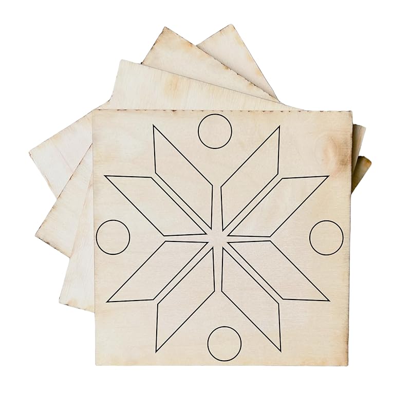 Set of 4 Mini Quilt Block Pattern, Wood Barn Star DIY Kits for Adults, Tiny Wall Hanging Do It Yourself Painting Craft Kit (Patchwork Star/Snowflake)
