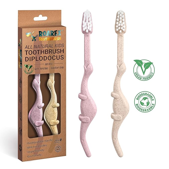ROARex Vegan Eco Friendly Kids Toothbrush Natural Dinosaurs Made from Plants | 100% Biodegradable and Compostable | 1% for The Planet Product