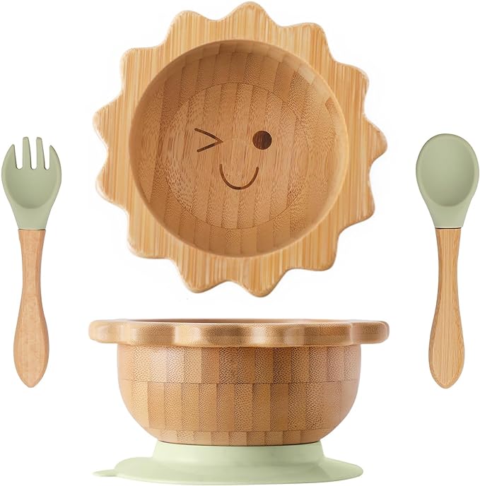 Suction Bowl for Baby Kid Toddler Bamboo Bowl Spoon Fork Set with Removable Silicone Suction All-Natural Baby Feeding Set for Baby-Led Weaning Fits Feeding High Chair Table