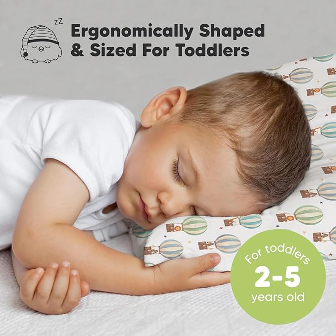 Toddler Pillow with Pillowcase - 13x18 My Little Dreamy Pillow, Organic Cotton Toddler Pillows for Sleeping, Kids Pillow, Travel Pillows, Mini Pillow,Nursery Pillow,Toddler Bed Pillow(Hot Air Balloon)