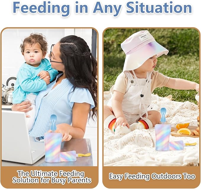 Silicone Spoon Attachment for Baby Food Pouch with On-the-Go Cases - Includes 2 Squeeze Pouch Topper Attachments (White-Blue)
