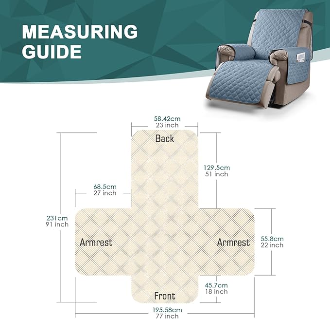 Ruaozz 100% Waterproof Recliner Chair Cover Non-Slip Reclining Cover for Recliner Chair Washable Chair Seat Cover with Elastic Straps for Kids, Dogs, Pets (Pastel Blue, 23'')