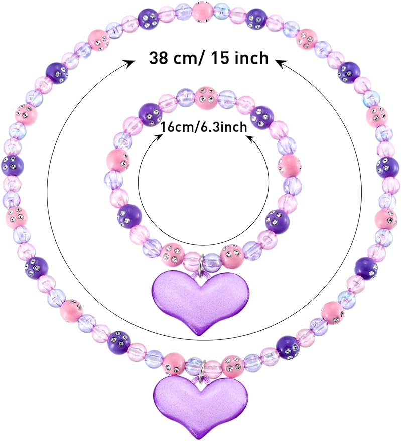 Zhanmai 2 Pcs Girl Princess Necklace Bracelet Set Lovely Princess Heart Shape Beads Necklace Stretchy Jewelry Set Girls Costume Jewelry Gift Party Favors for Dress up