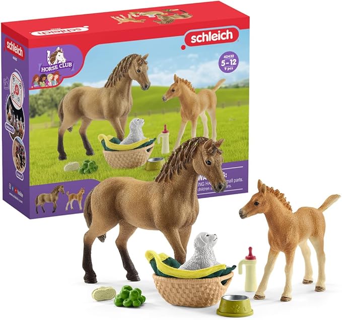 Schleich Horse Club Sarah's Baby Horse Animal Care Figurine Toy Set - Little Farm Animal Care Horse, Foal, and Puppy with Accessories Play Toy Set for Boys and Girls, Gift for Kids Age 5+