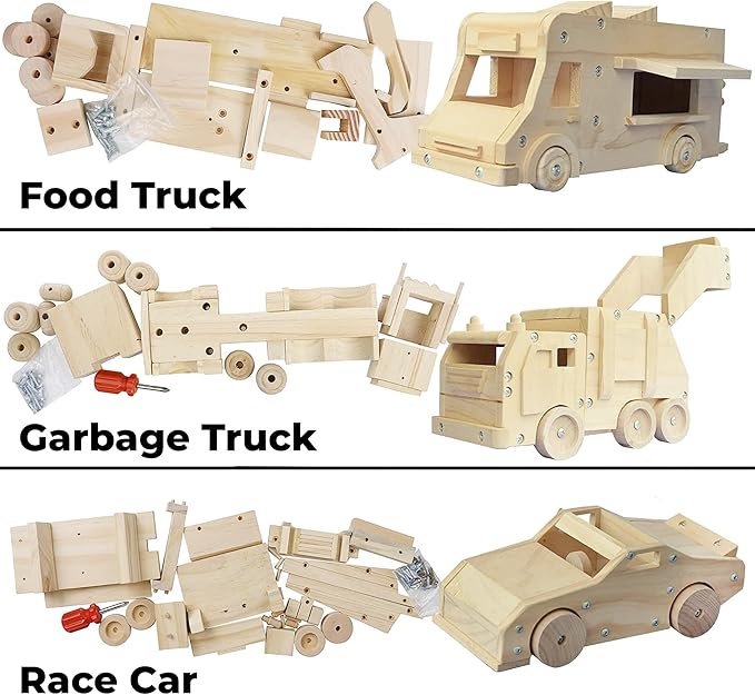 Kraftic Woodworking Building Kit for Kids and Adults, 3 Educational DIY Carpentry Construction Wood Model Kit Toy Projects for Boys and Girls, Build a Wooden Food Truck, Racing Car and Garbage Truck