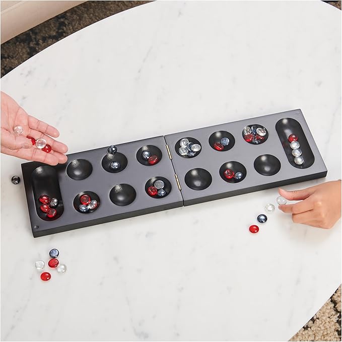 Spin Master Games, Legacy Deluxe Mancala, Classic Game with Folding Wooden Board & Colorful Glass Stones, Family Game, Easter Basket Stuffers, for Ages 8 & Up