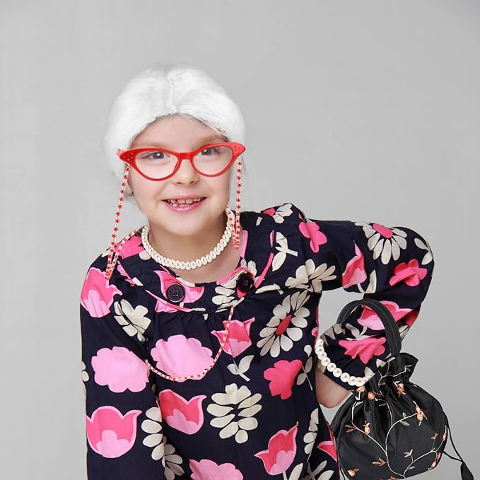 9 PCS 100 Days of School Old Lady Wig Set Include Wig Glasses Necklace Bracelet Glasses Chain Bag Cane and Stickers