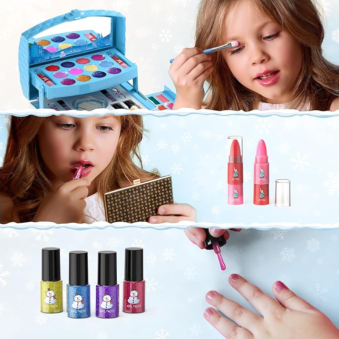 GirlsHome Kids Makeup Set for Girl 56 Pcs Washable Real Cosmetic, Non-Toxic Frozen Toys Toddler Makeup Kit, Frozen Princess Dress up Kit Christmas & Birthday Girl Gift for 3-12 (Frozen Blue)