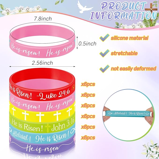 Deekin 36 Pcs He Is Risen Bracelets Bulk Easter Egg Stuffers Basket Filler Religious Silicone Bracelet Party Favors Bible Rubber Bracelet Cross Catholic Exchange Gifts for Kids Festival Spring Party